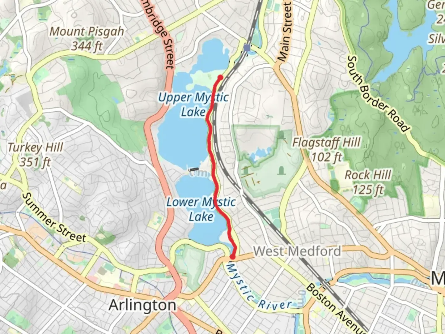 An image depicting the trail Upper and Lower Mystic Lake and its surrounding area.