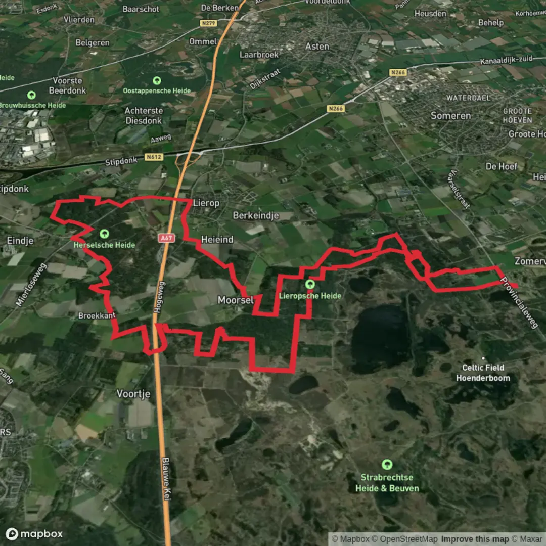 An image depicting the trail Lieropsche Heide and Herselsche Heide Loop and its surrounding area.