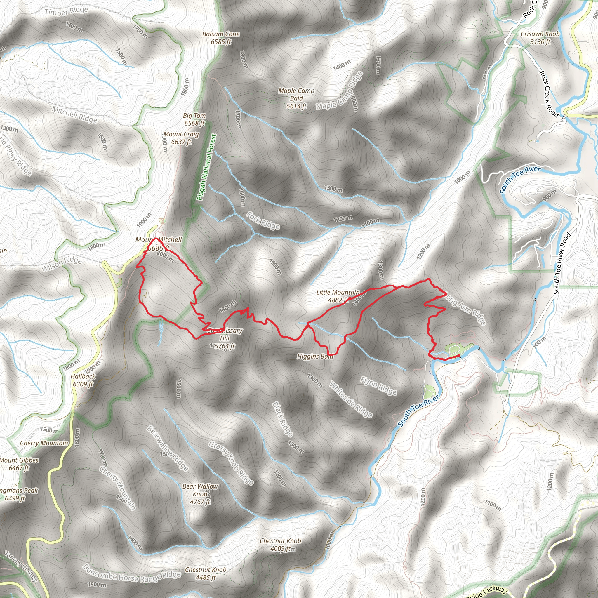 Higgins Bald, Little Mountain, Commissary Hill and Mount Mitchell Trail mobile static map