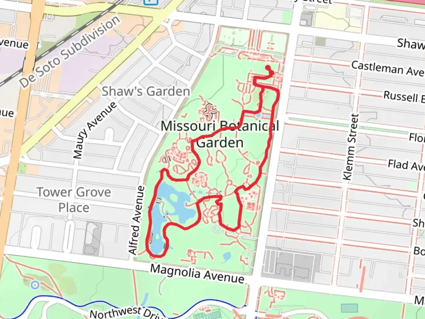 An image depicting the trail Missouri Botanical Garden Loop and its surrounding area.