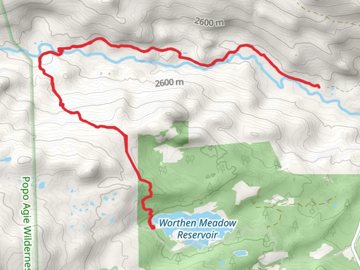 An image depicting the trail Middle Fork Trail from Worthen Meadow Reservoir and its surrounding area.