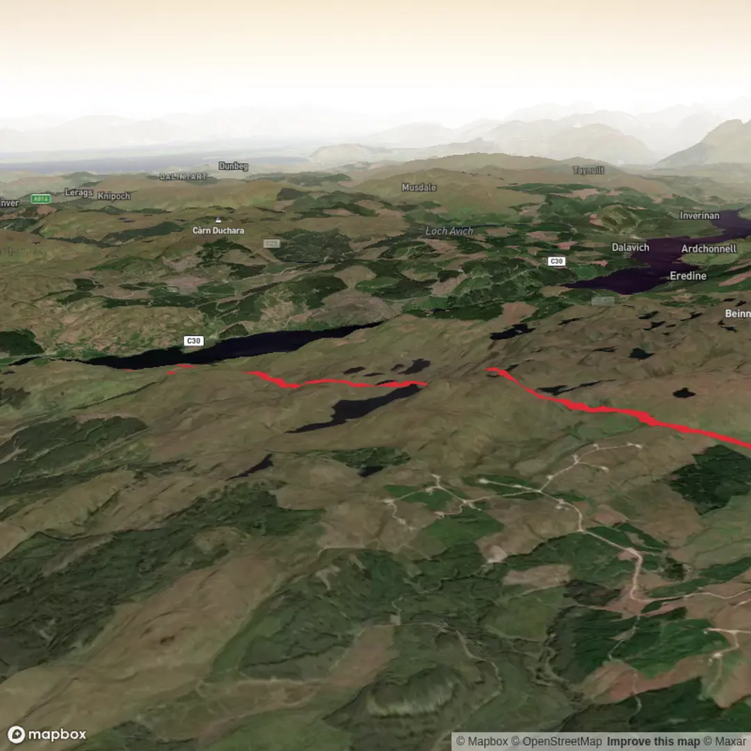 An image depicting the trail Carron Bothy via Loch Tunnaig and Loch Gaineamhach and its surrounding area.