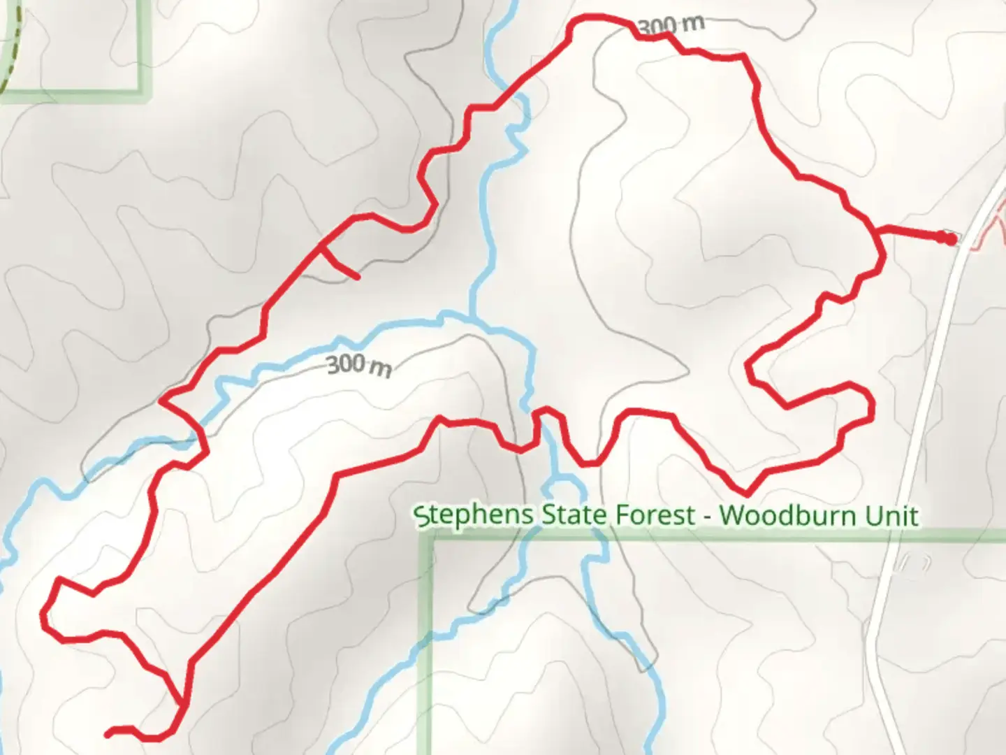 An image depicting the trail Buck Stop Camp and Bottom Oak Camp Loop via Pine Ridge Trail and Rock Crossing Trail and its surrounding area.
