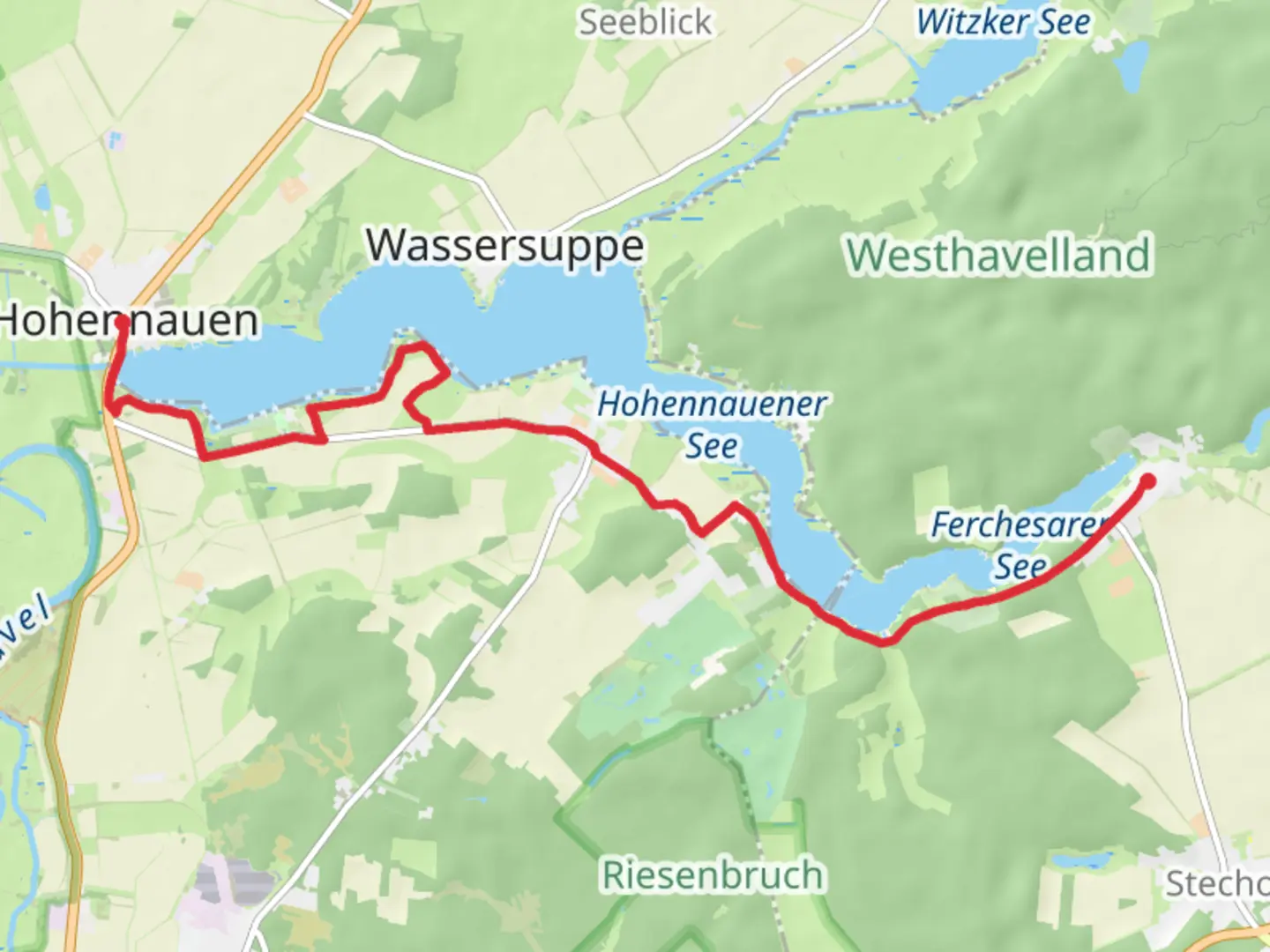 An image depicting the trail Hohennauen to Ferchesar via Hohennauener See and its surrounding area.