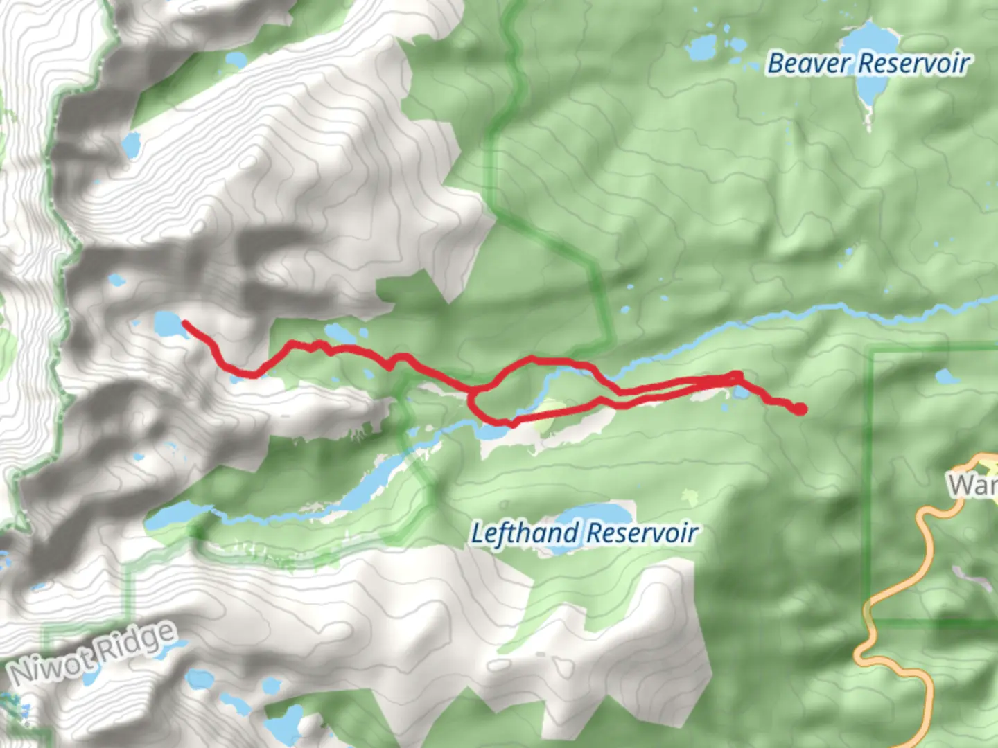 An image depicting the trail Blue Lake, Mitchell Lake and Brainard Lake Waldrop Trail and its surrounding area.
