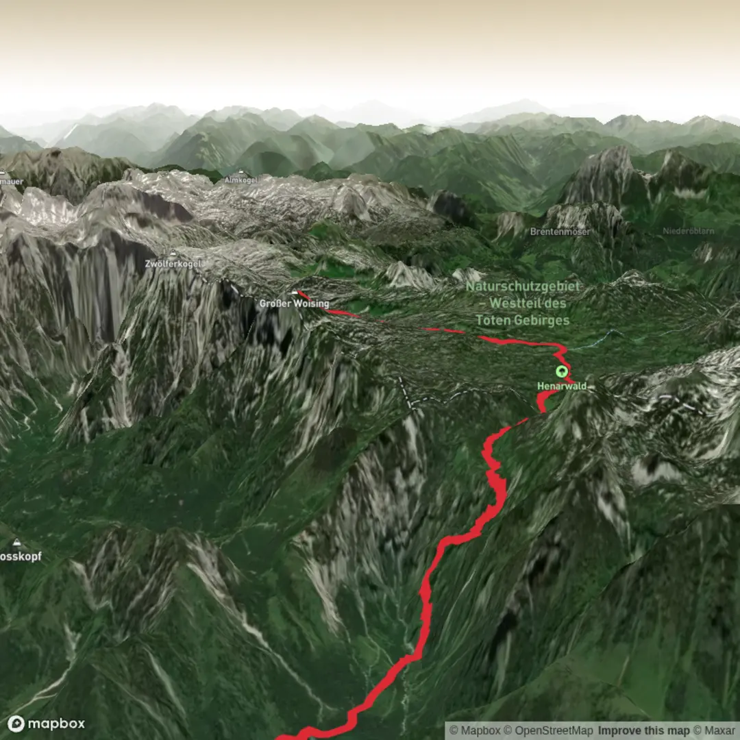 An image depicting the trail Großer Woising via Offensee and Wildenseehütte and its surrounding area.