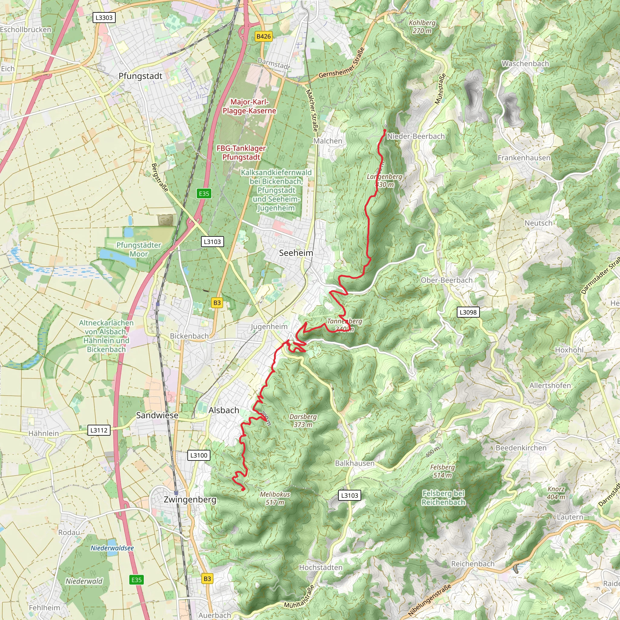 Zwingenberg to Burg Frankenstein Walk mobile static map