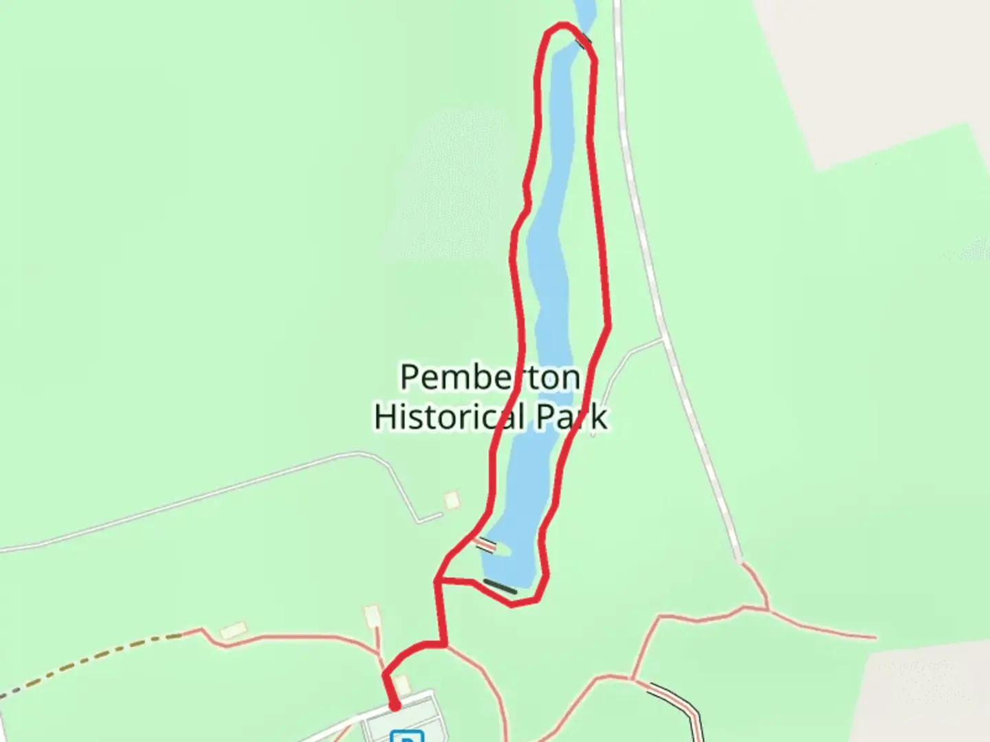 An image depicting the trail Pemberton Historical Park Loop and its surrounding area.