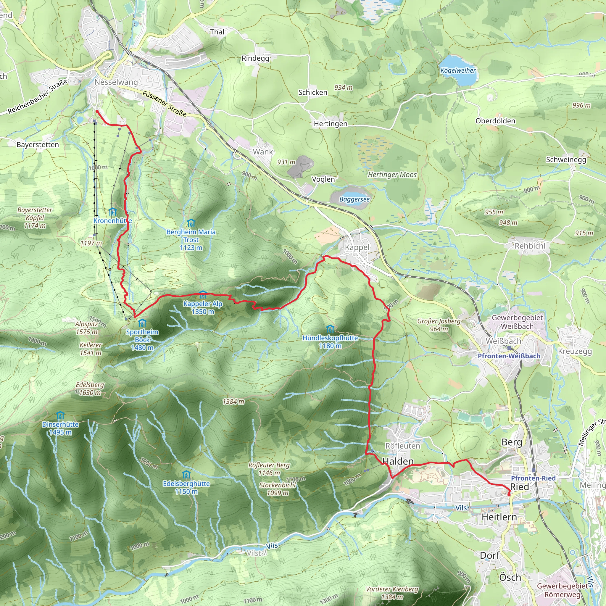 Pfronten to Nesselwang via Wasserlaeufer Route mobile static map