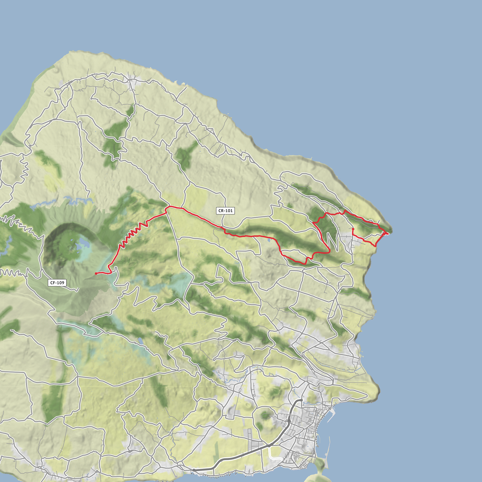 Ribeirinha to Caldeira via Ponta da Ribeirinha and Parque Florestal do Cabouco Velho mobile static map