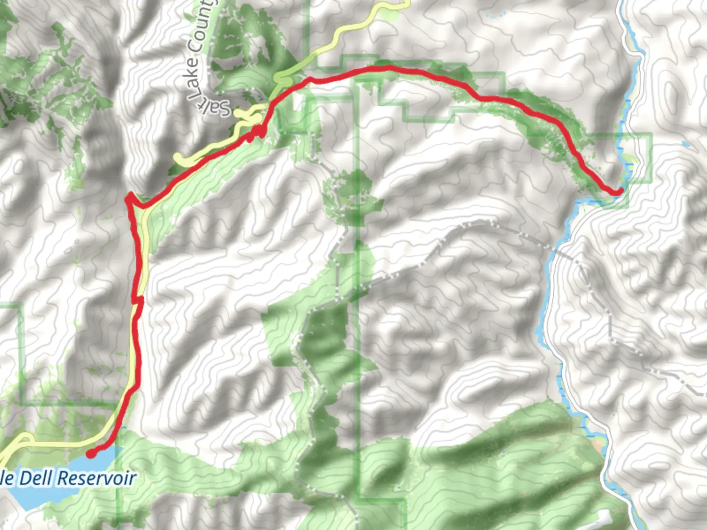 An image depicting the trail Mormon Flat Campground via Donner Reed Party and Mormon Pioneer Trail and its surrounding area.