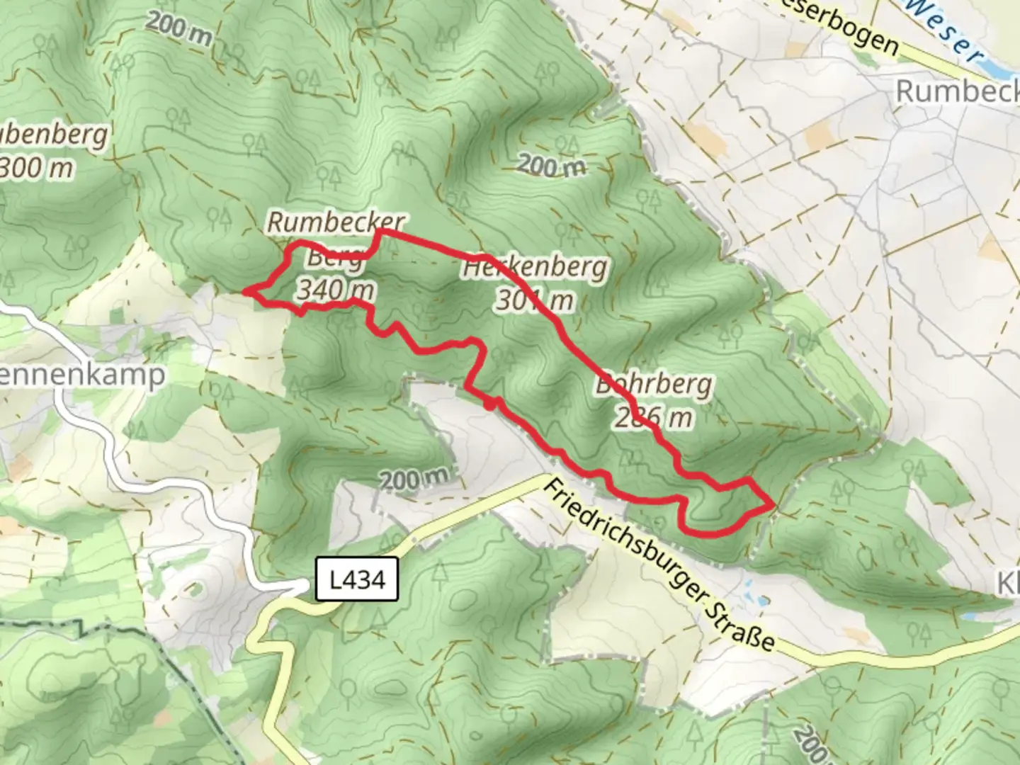 An image depicting the trail Bohrberg, Herkenberg and Rumbecker Berg Loop and its surrounding area.