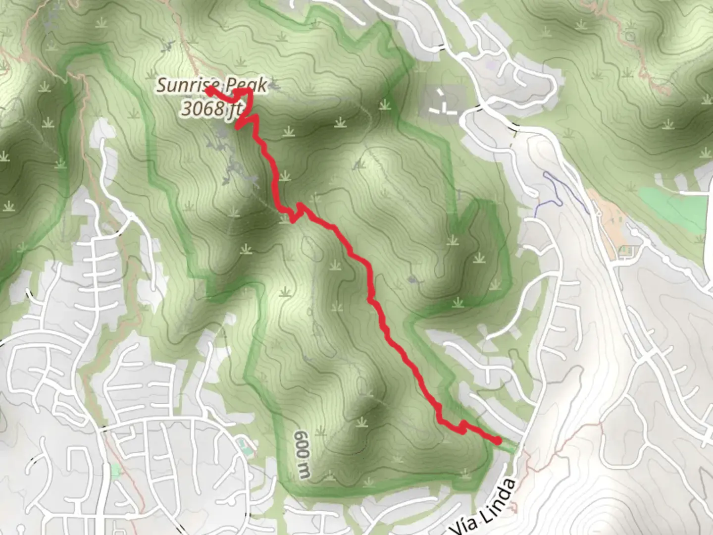 An image depicting the trail Sunrise Peak via Sunrise Trail and its surrounding area.