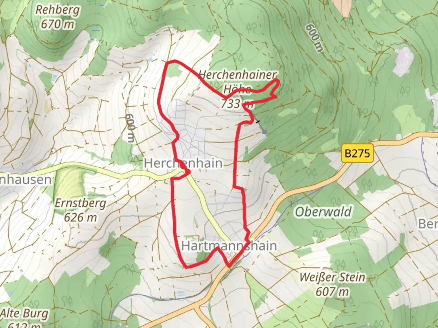 An image depicting the trail Herchenhainer via Bergmaehwiesen Pfad and its surrounding area.