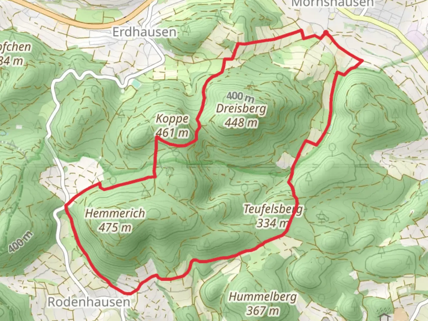 An image depicting the trail Teufelsberg and Rodenhausen Loop via Hessenweg 5 and its surrounding area.