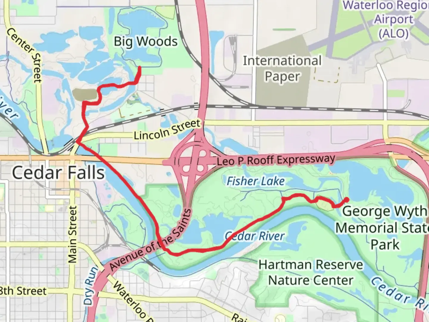 An image depicting the trail Cedar Valley Lakes Trail - George Wyth Lake and its surrounding area.