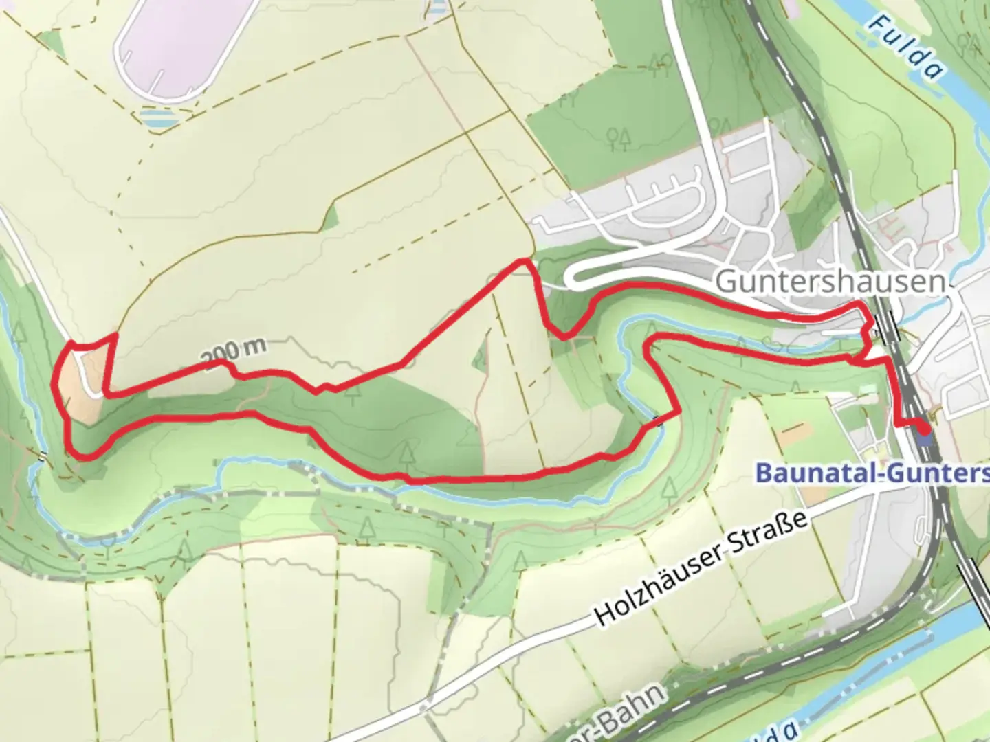 An image depicting the trail Baunata-Guntershausen Rundweg and its surrounding area.