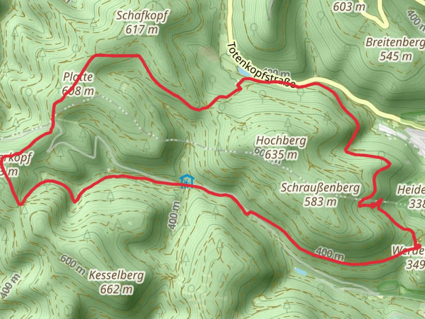 An image depicting the trail Platte and Schänzelturm via Saar Pfalz Weg and its surrounding area.