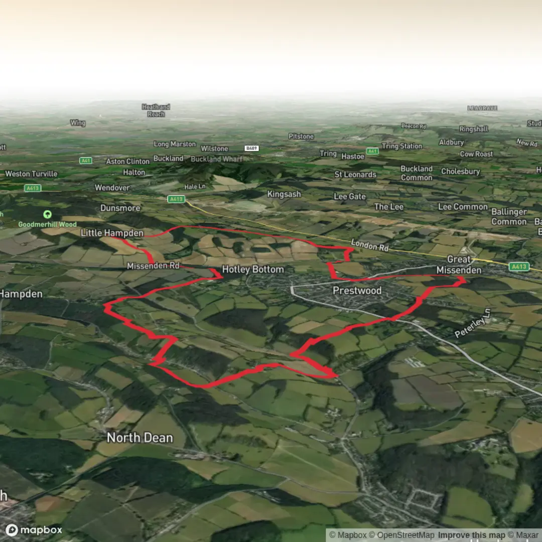 An image depicting the trail Hughendon via Little Hampden and Atkins Wood and its surrounding area.