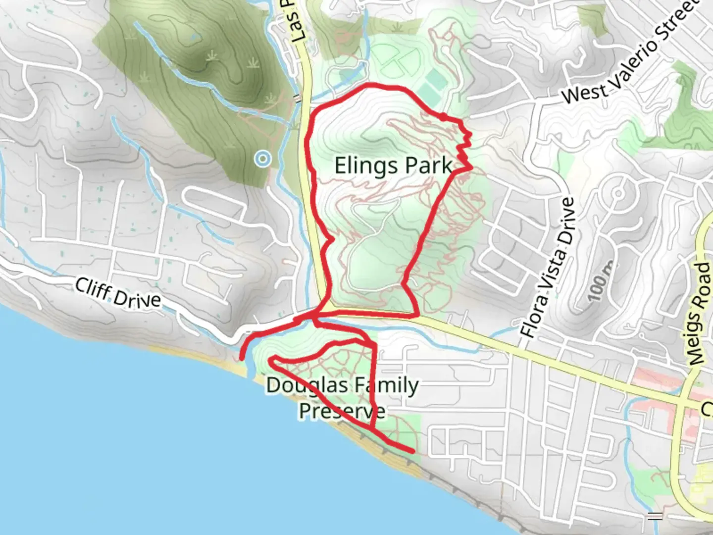 An image depicting the trail Elings Park and Douglas Family Preserve Loop and its surrounding area.