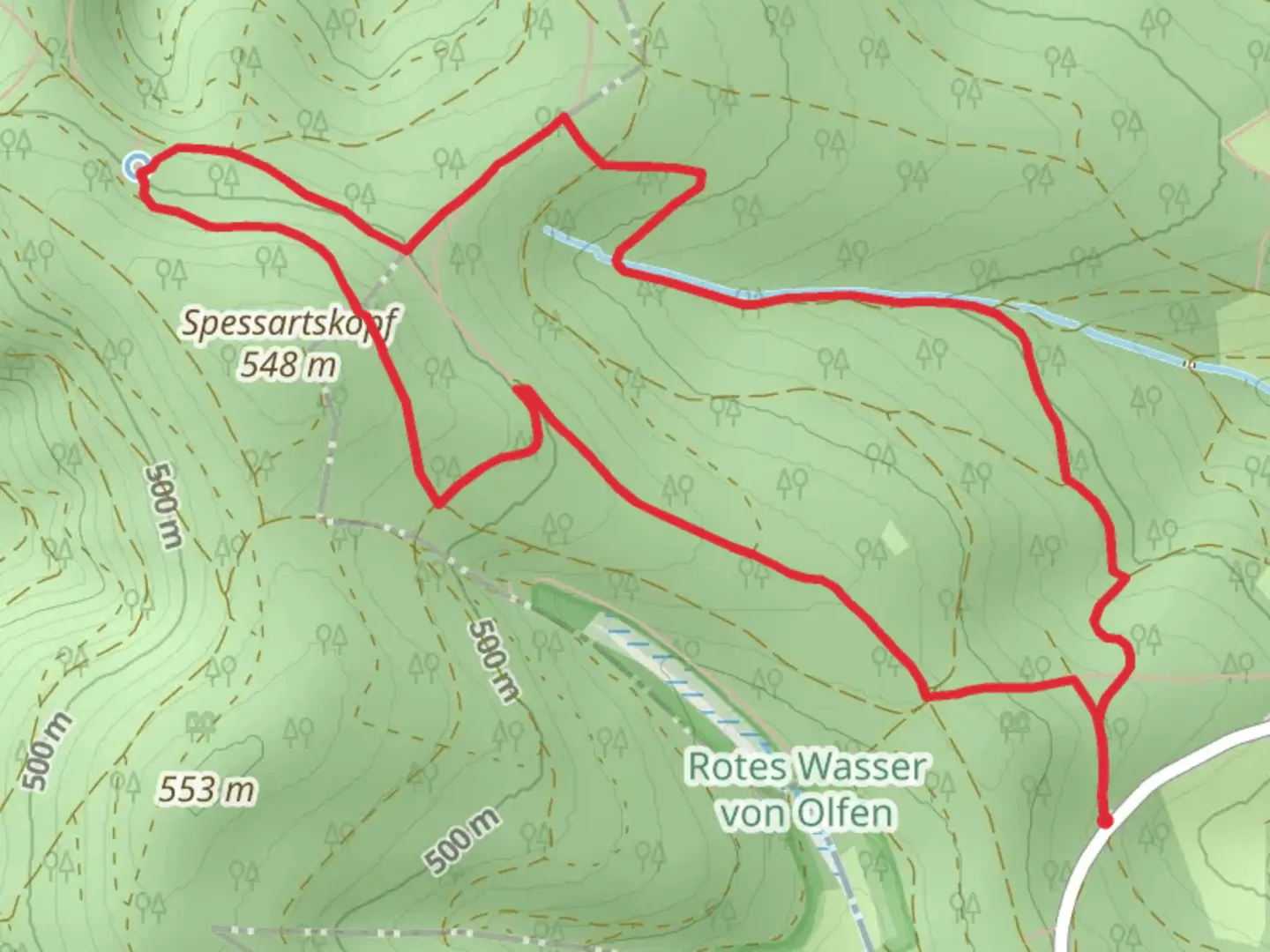 An image depicting the trail Siegfriedbrunnen via Mossautaler Drachenweg and VL Guettersbach and its surrounding area.