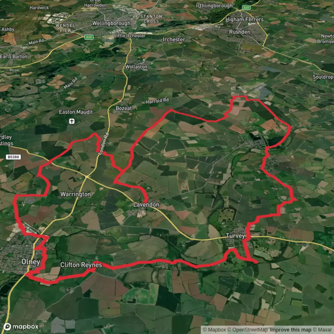 An image depicting the trail Lavendon 44KM and its surrounding area.