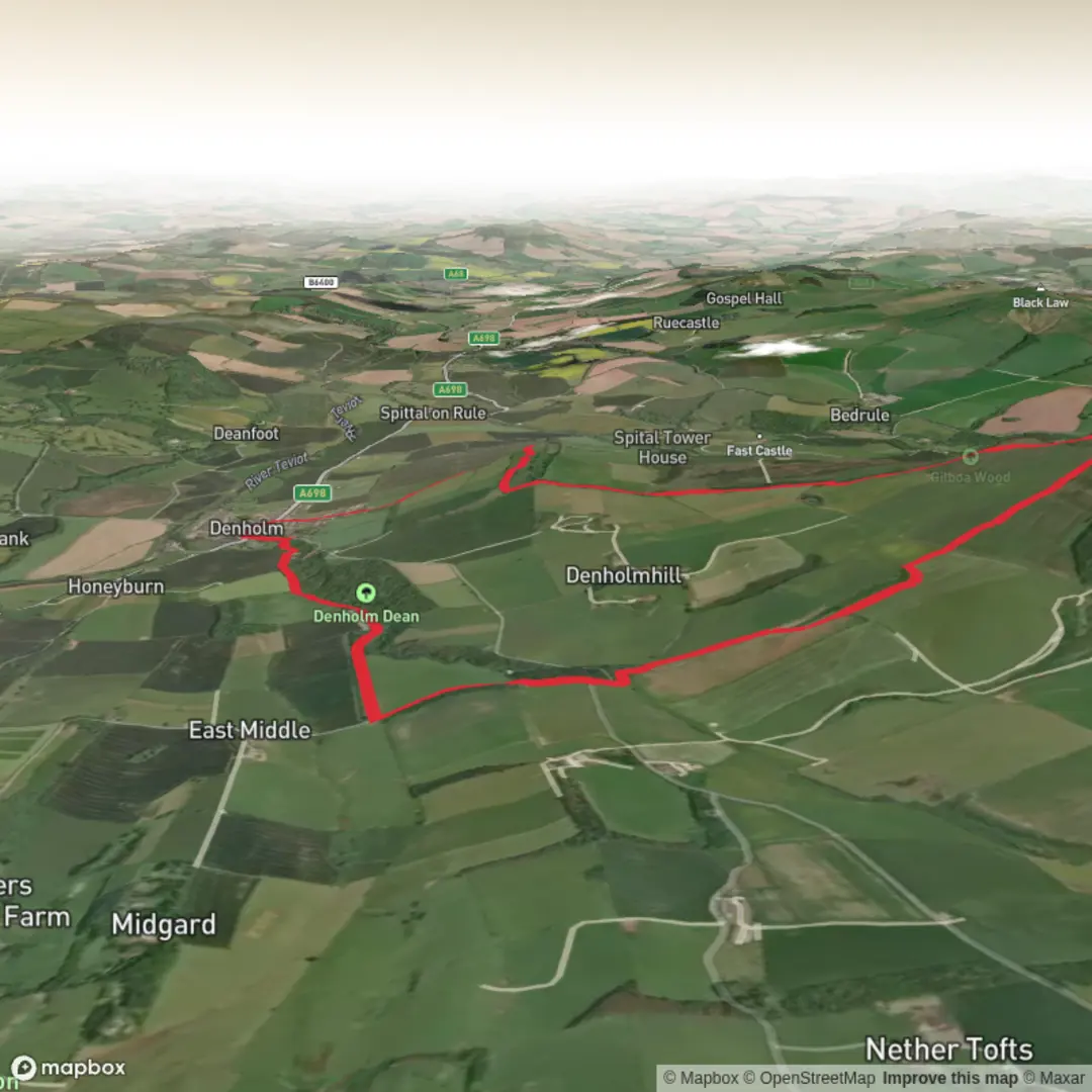 An image depicting the trail Denholm Dean, Ruber's Law, Black Dod and Denholmhill Wood Loop and its surrounding area.