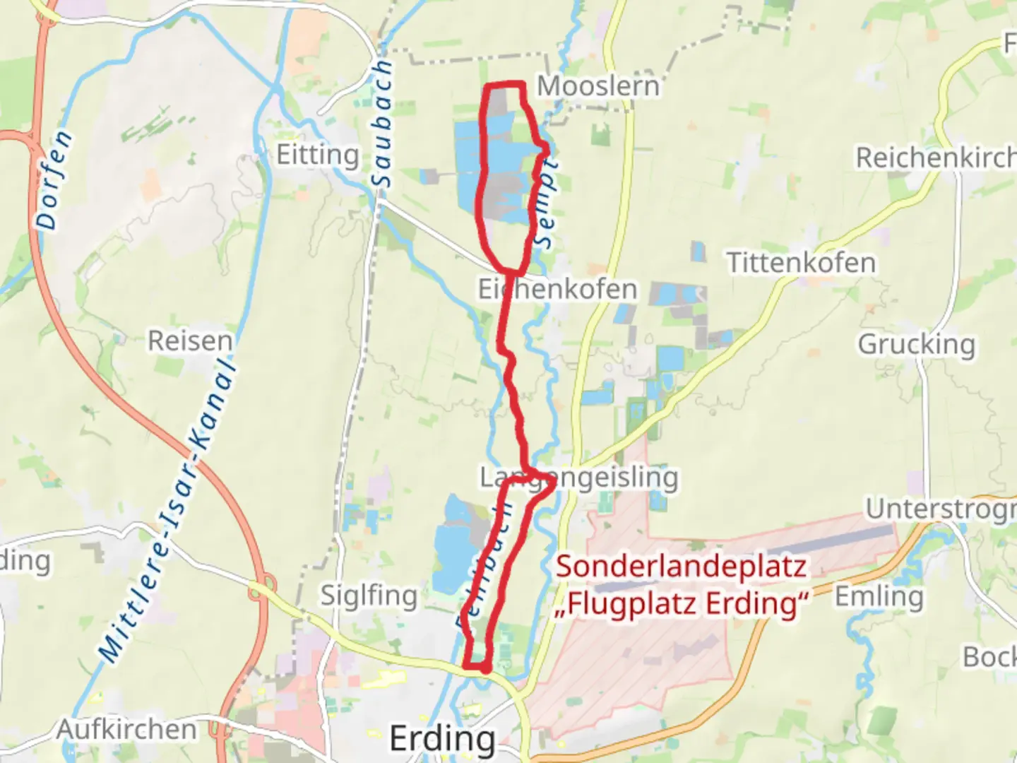 An image depicting the trail Kronthaler Weiher and Hasi-Weiher via Eichenkofener Walking Tour and its surrounding area.