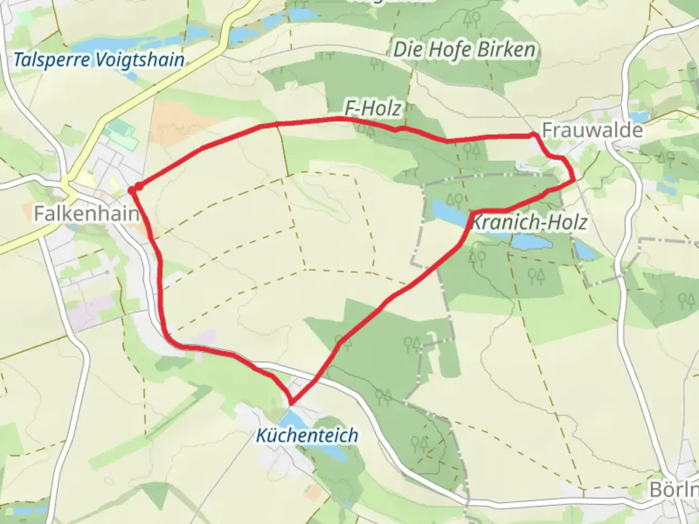 An image depicting the trail Falkenhain to Heyda and Frauwalde Loop via Kuchenteich and its surrounding area.