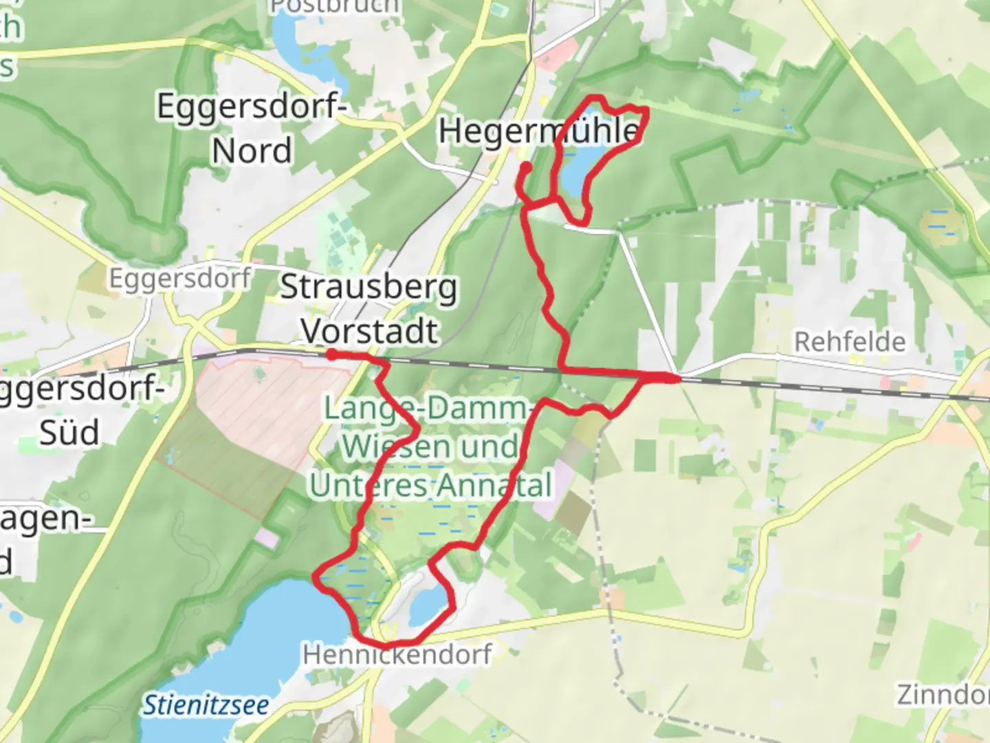 An image depicting the trail Stienitzsee to Herrensee Walk from Strausberg and its surrounding area.