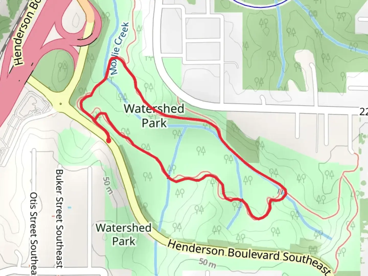 An image depicting the trail Watershed Park Loop and its surrounding area.