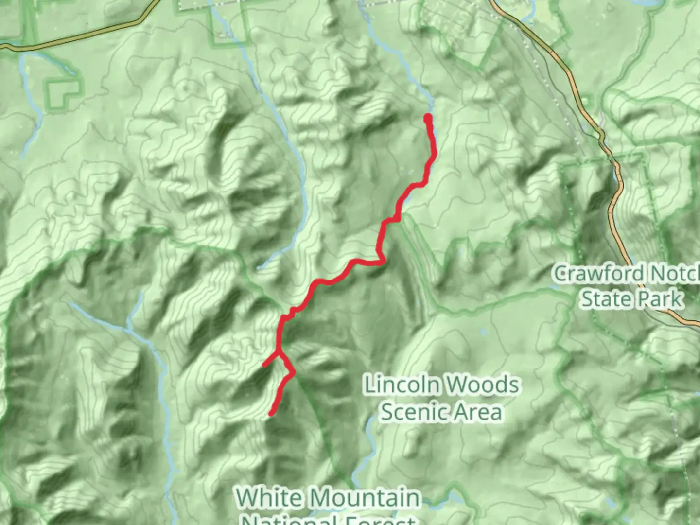 An image depicting the trail Mount Zealand, Mount Guyot, West Bond and Mount Bond and its surrounding area.