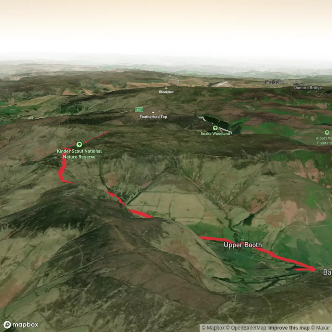 An image depicting the trail Kinder Downfall from Barber Booth and its surrounding area.