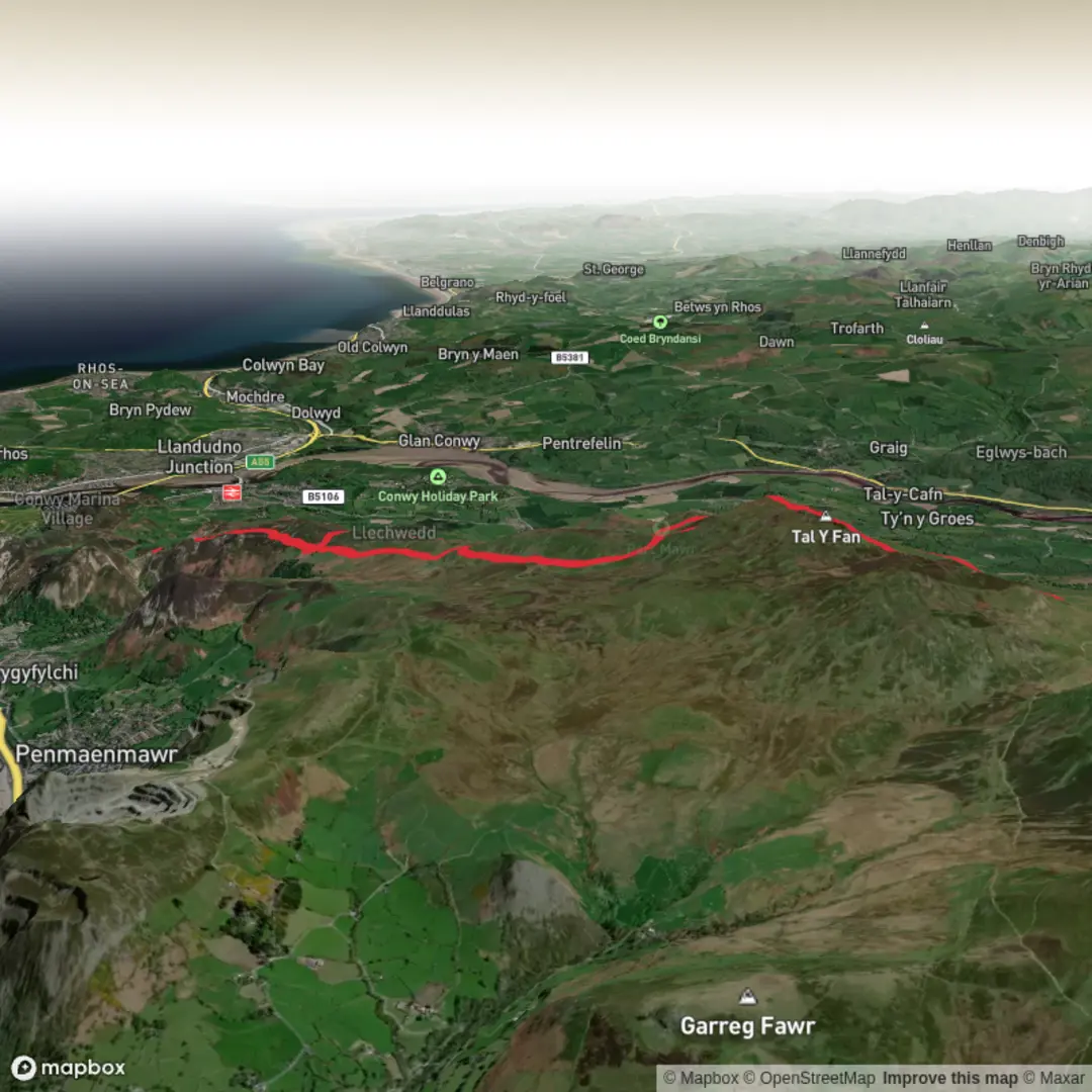 An image depicting the trail Tal y Fan (1) and its surrounding area.
