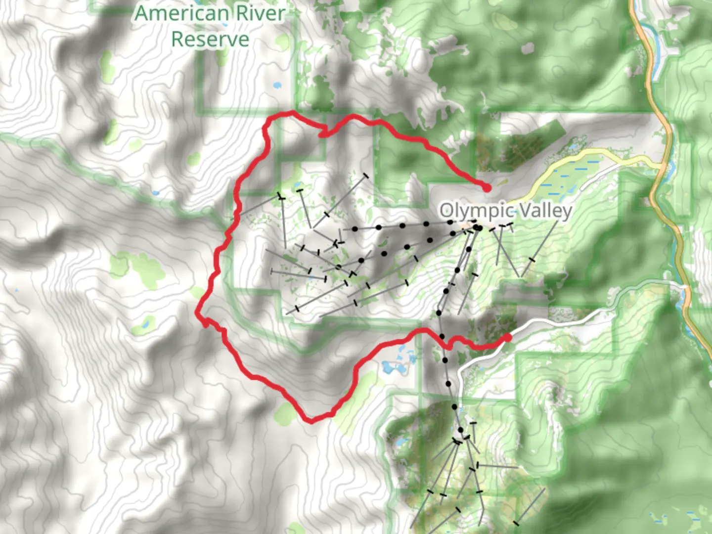 An image depicting the trail Fives Lakes, Pacific Crest and Granite Chief Trail and its surrounding area.