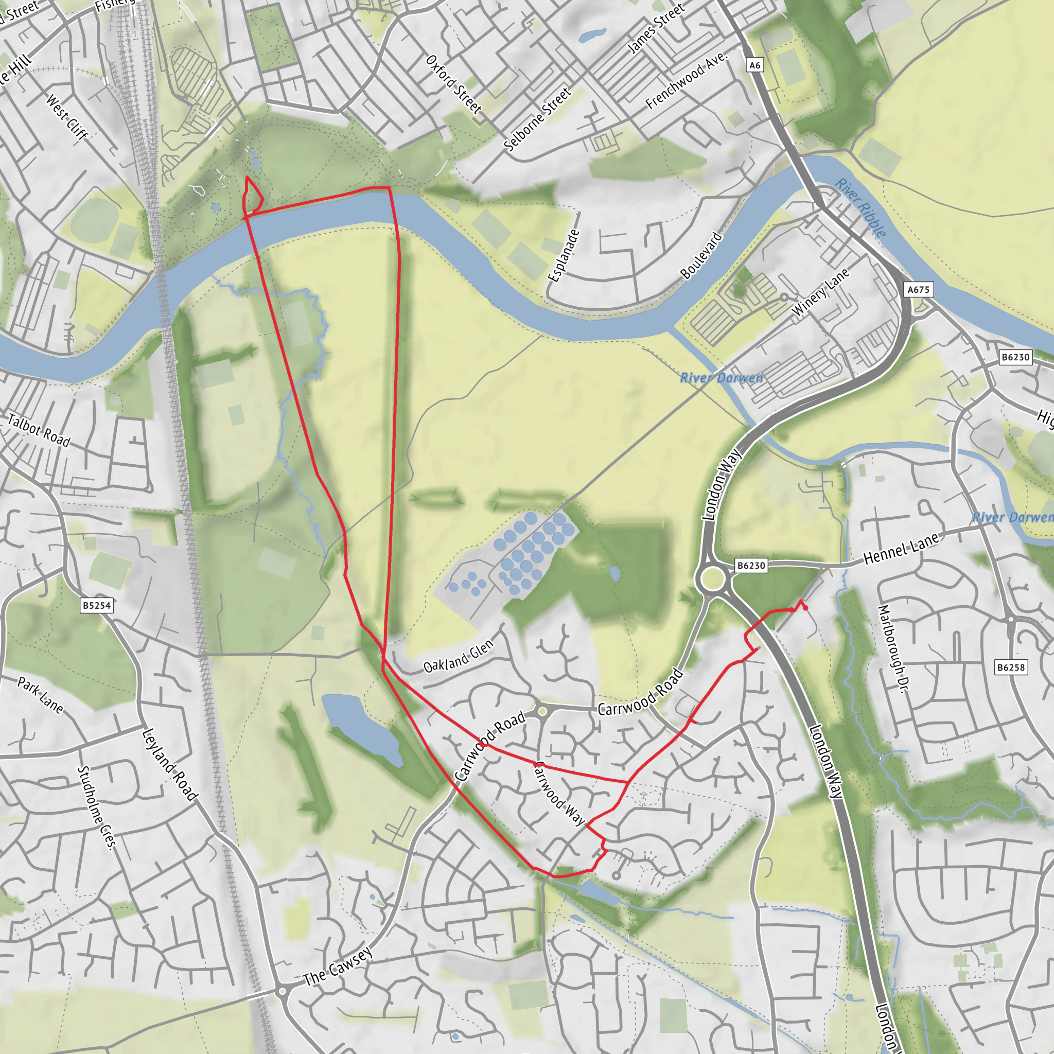 Hike from Walton-le-Dale to Avenham Park via River Ribble mobile static map