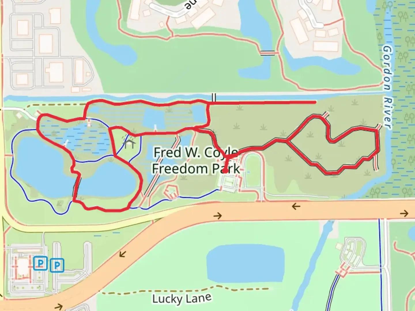 An image depicting the trail Butterfly Garden Area and fred W Coyle Freedom Park Loop and its surrounding area.