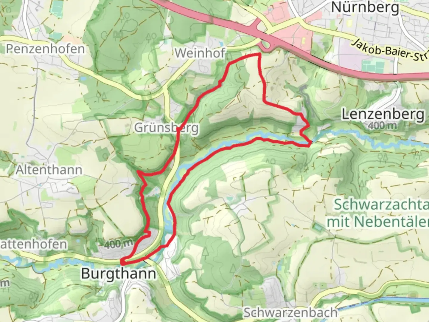 An image depicting the trail Altdorf and Burgthann 7 Loop and its surrounding area.