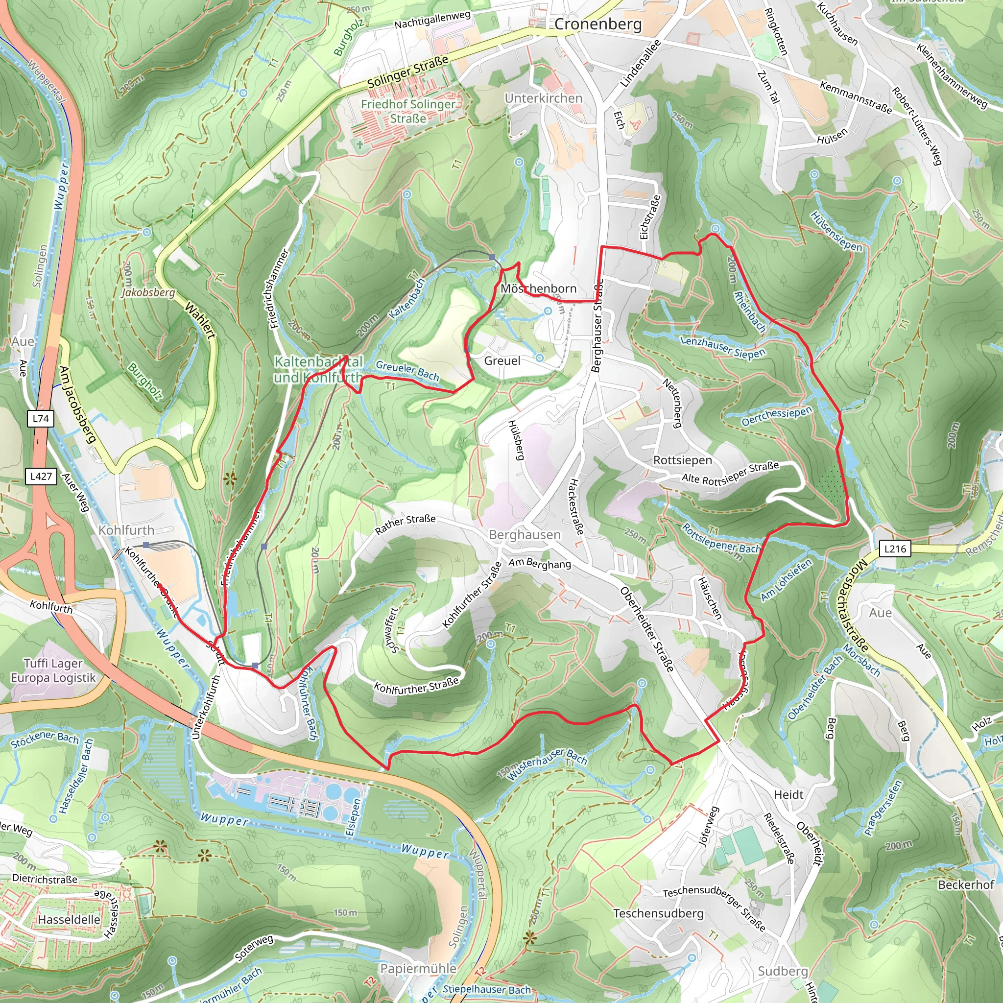Rheinbachteiche via Bergischer Weg and Wuppertaler Rundweg mobile static map
