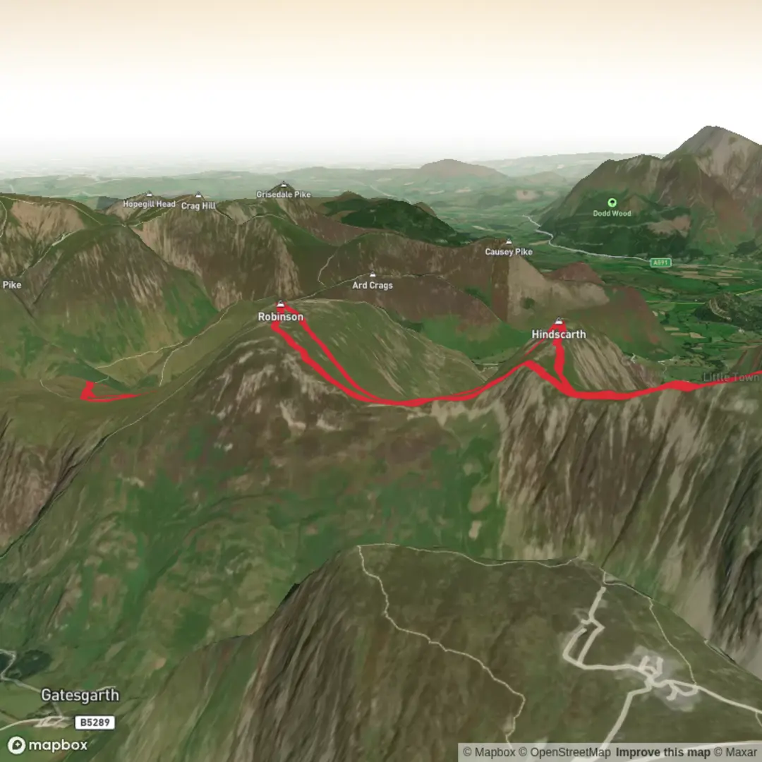 An image depicting the trail Robinson, Hindscarth and Dale Head Out and Back and its surrounding area.