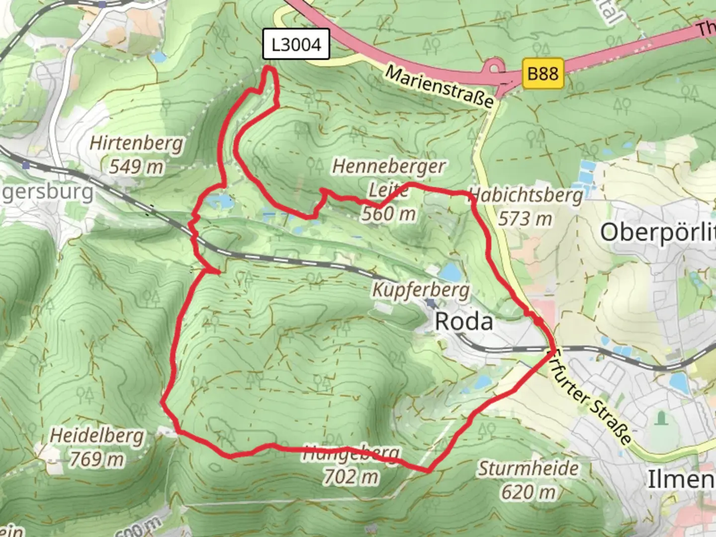An image depicting the trail Rund um Roda Loop and its surrounding area.