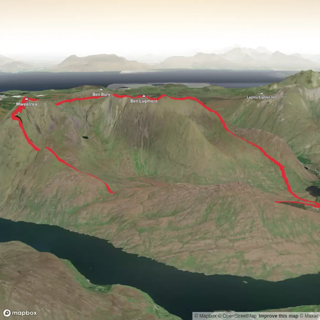 An image depicting the trail Mweelrea Loop from Delphi Resort and its surrounding area.