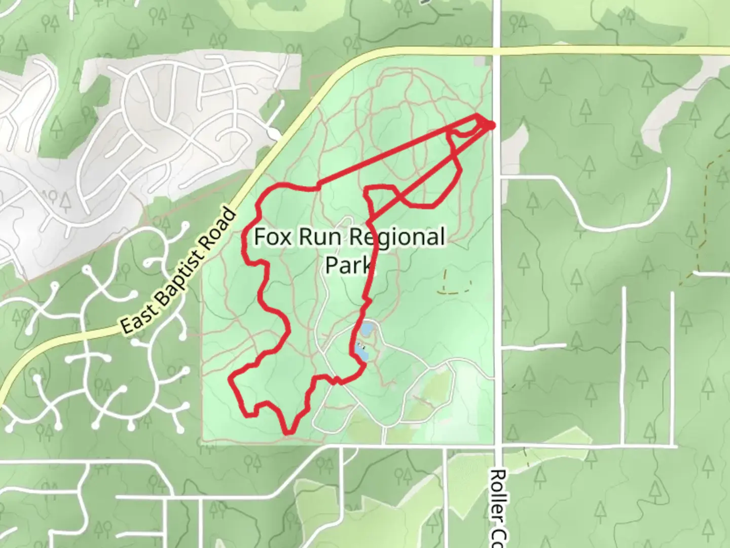 An image depicting the trail Fox Run Regional Park Loop and its surrounding area.