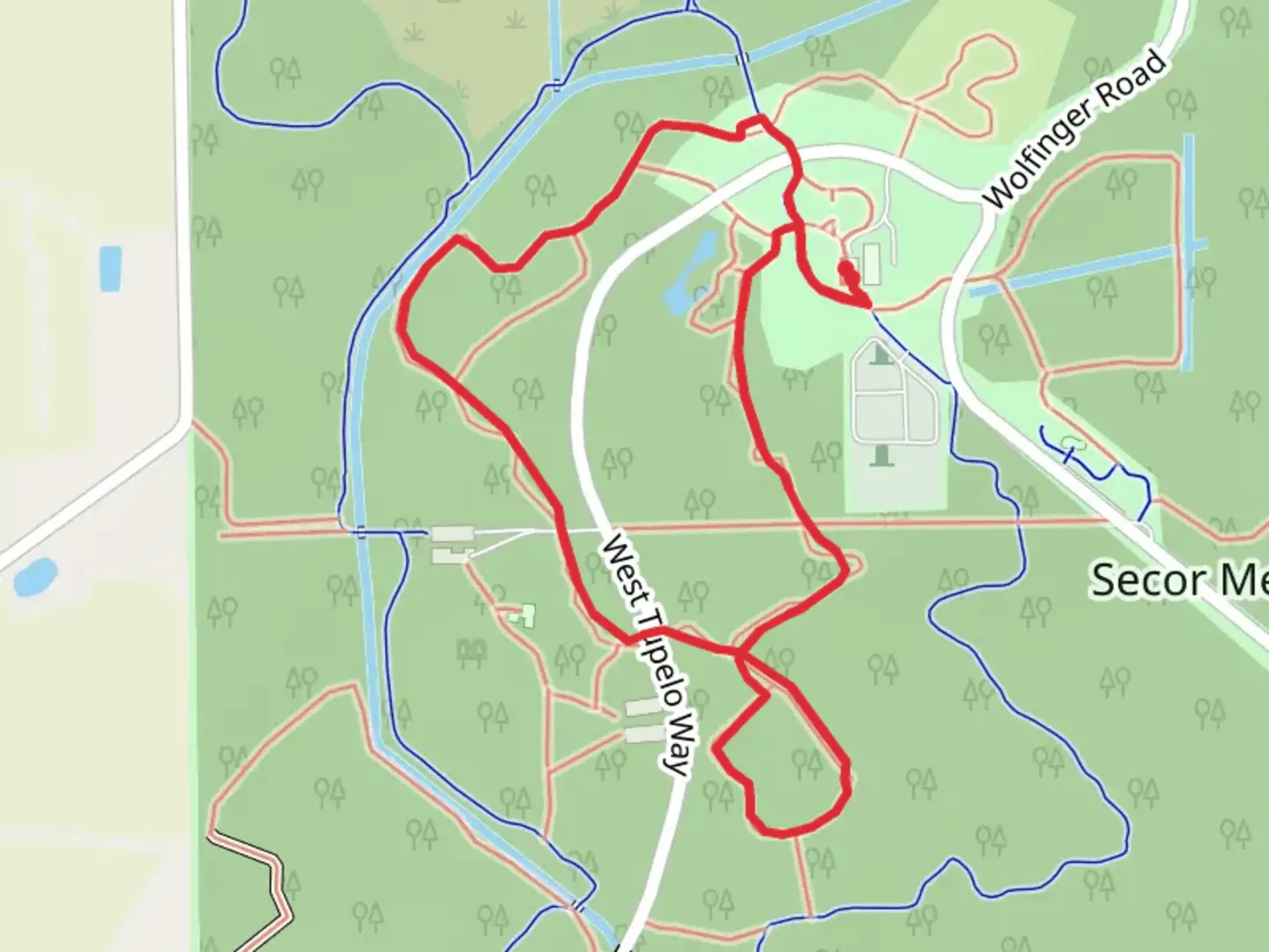 An image depicting the trail Upland Woods Trail - Silver and Wildflower Trail - Yellow and its surrounding area.