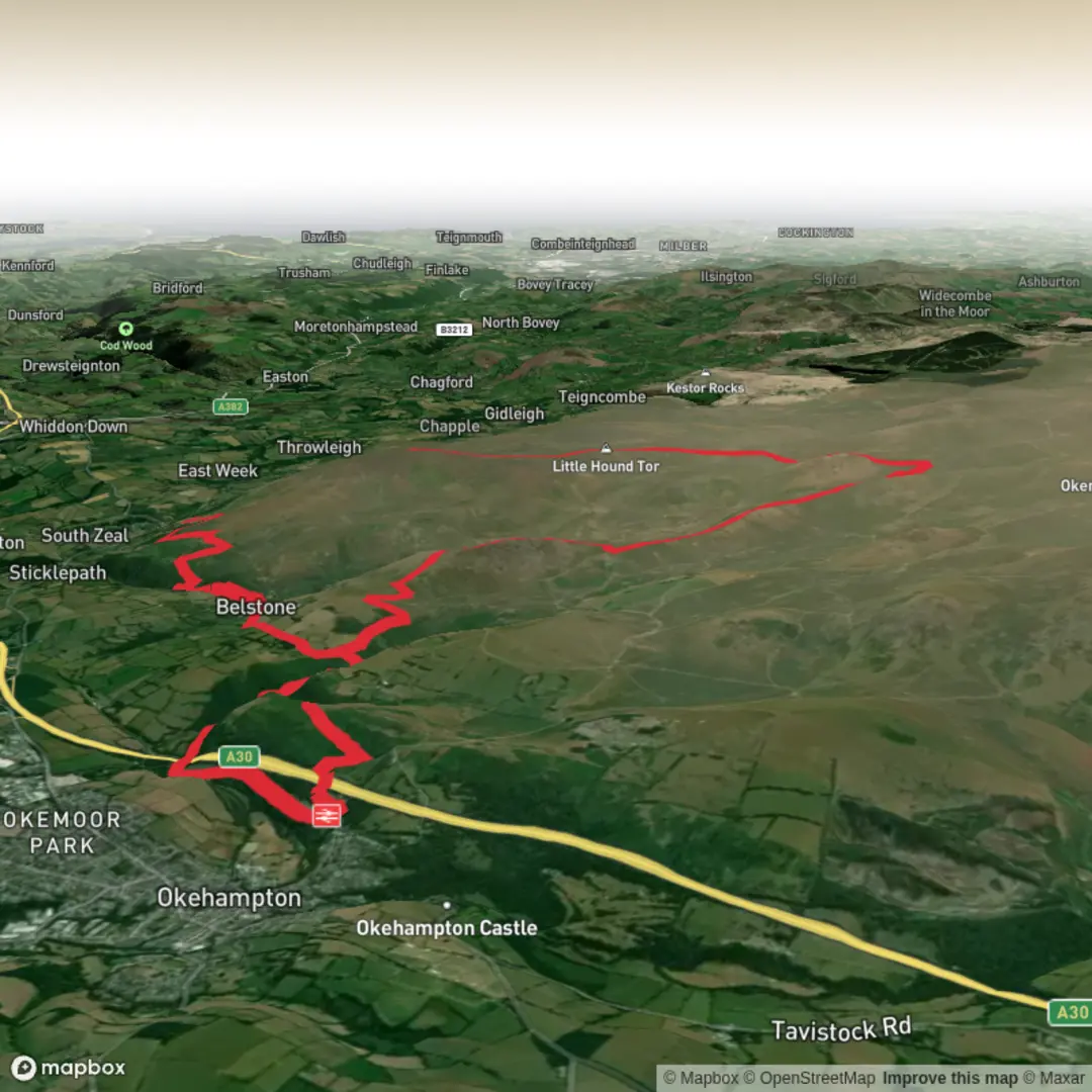 An image depicting the trail Cosdon Hill and Oke Tor from Belstone via Oakhampton station and its surrounding area.