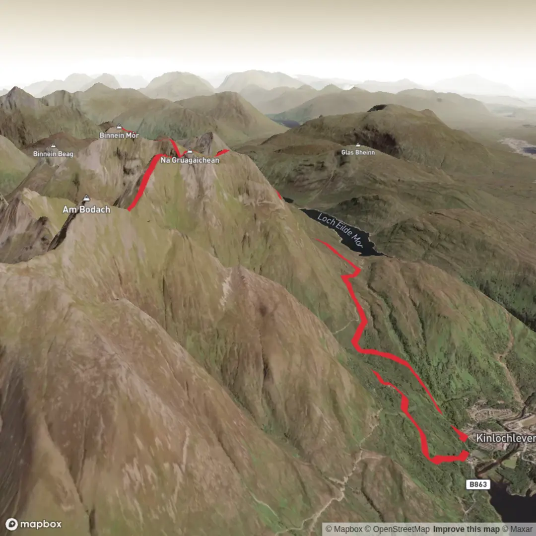 An image depicting the trail Kinlochleven: Binnein Mór Circular and its surrounding area.