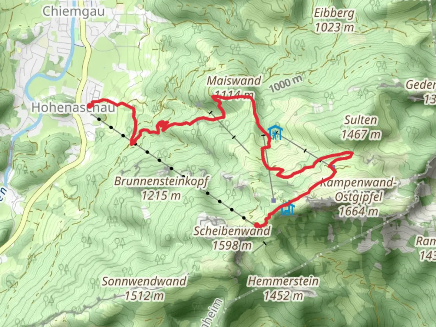 An image depicting the trail Sonnen Alm to Fuchslug via Maximiliansweg and its surrounding area.
