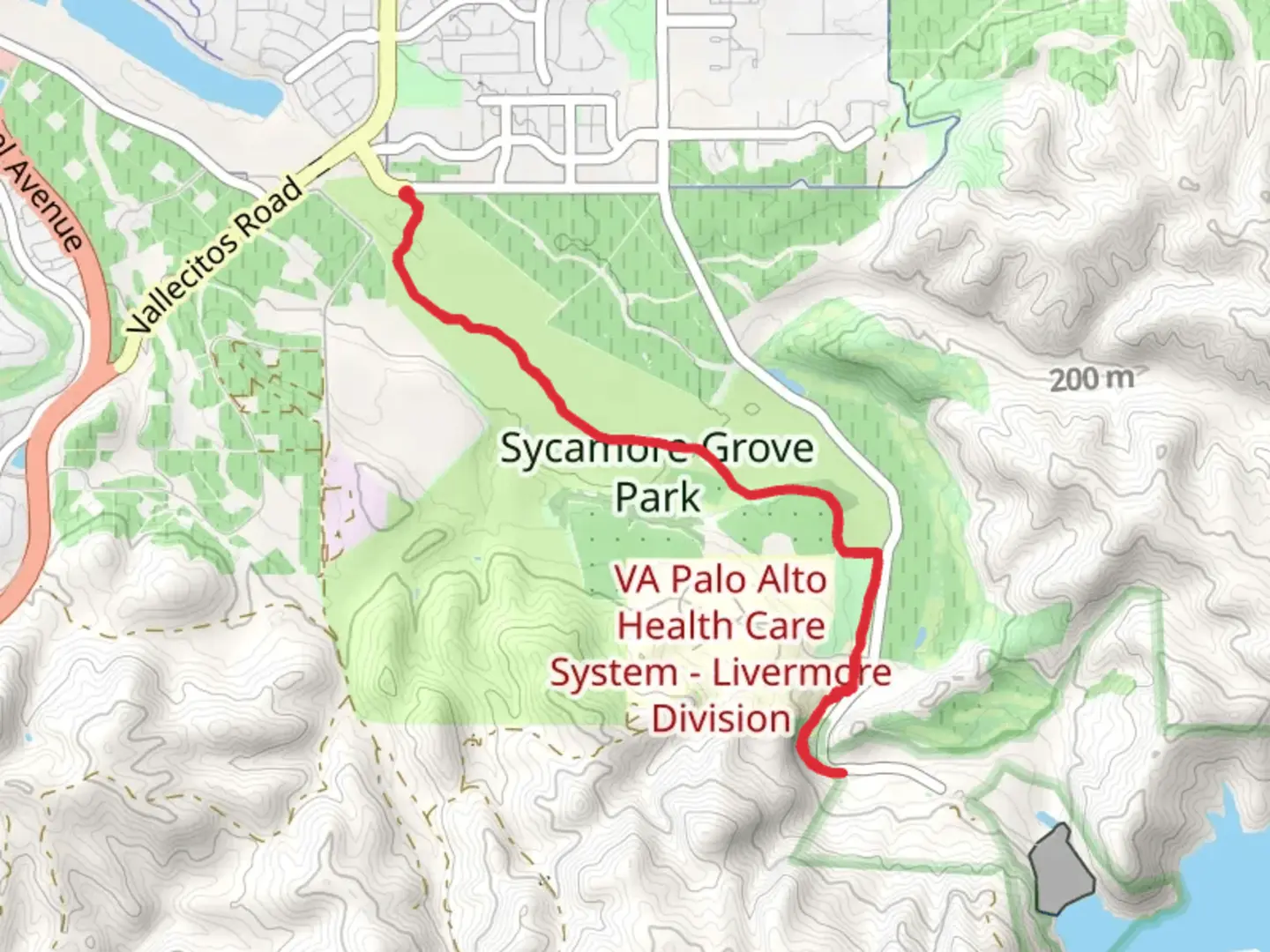 An image depicting the trail Native Garden and Arroyo Valle in Veterans Park and its surrounding area.