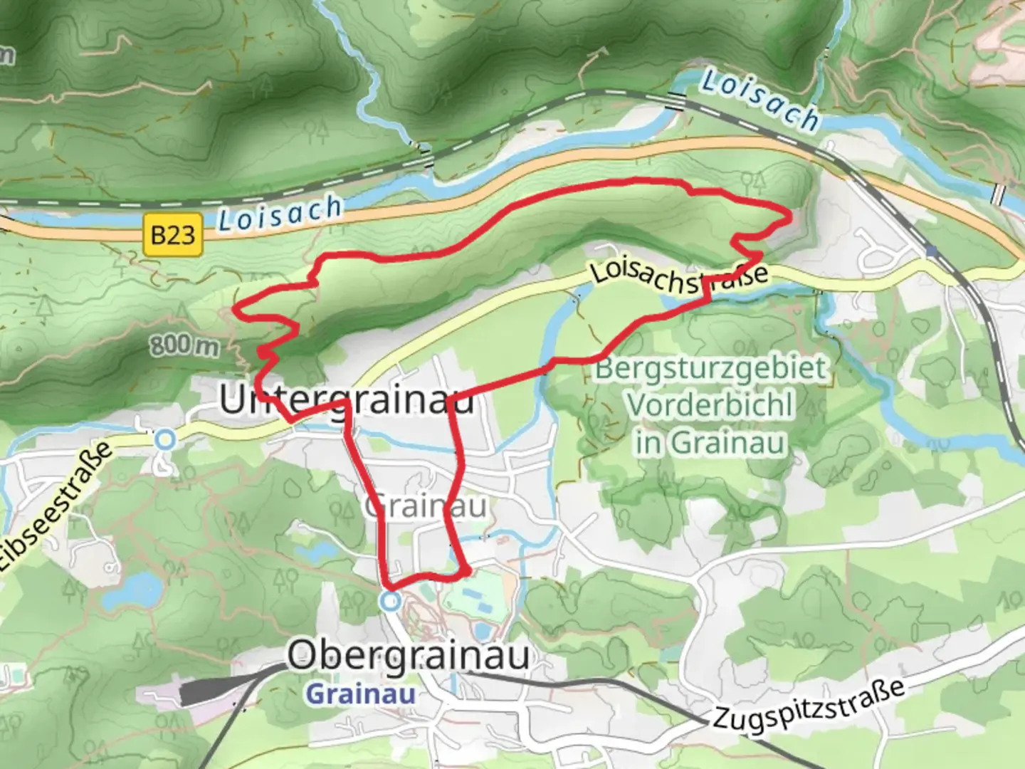 An image depicting the trail Untergrainau Loop and its surrounding area.