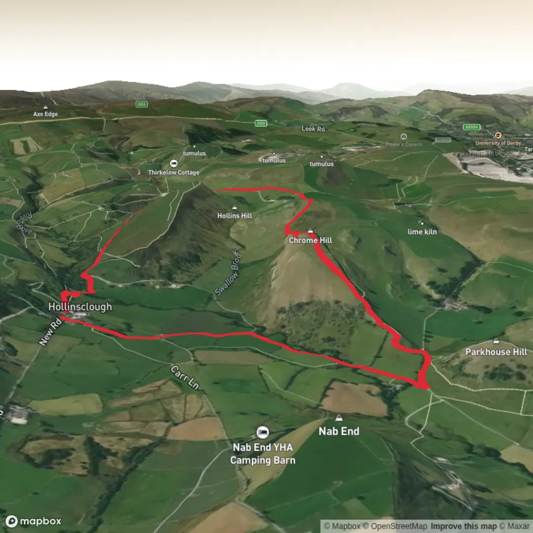 An image depicting the trail Chrome Hill and Parkhouse Hill scramble Loop and its surrounding area.